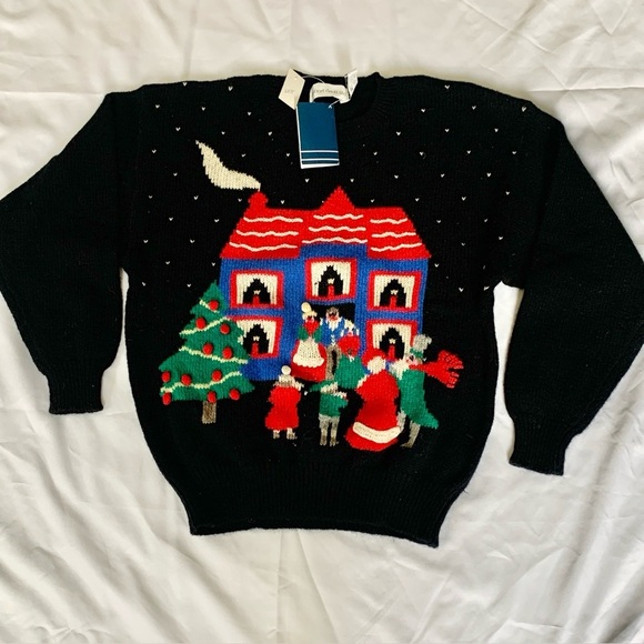 New VTG Robert Scott Ltd. Women’s 100% Wool Sweater Xmas Carolers Size 38 RARE - Picture 1 of 12